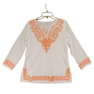 Snappy Turtle Tunic Top sz S Women White‎ Orange Embroidered Paisley Floral Boho